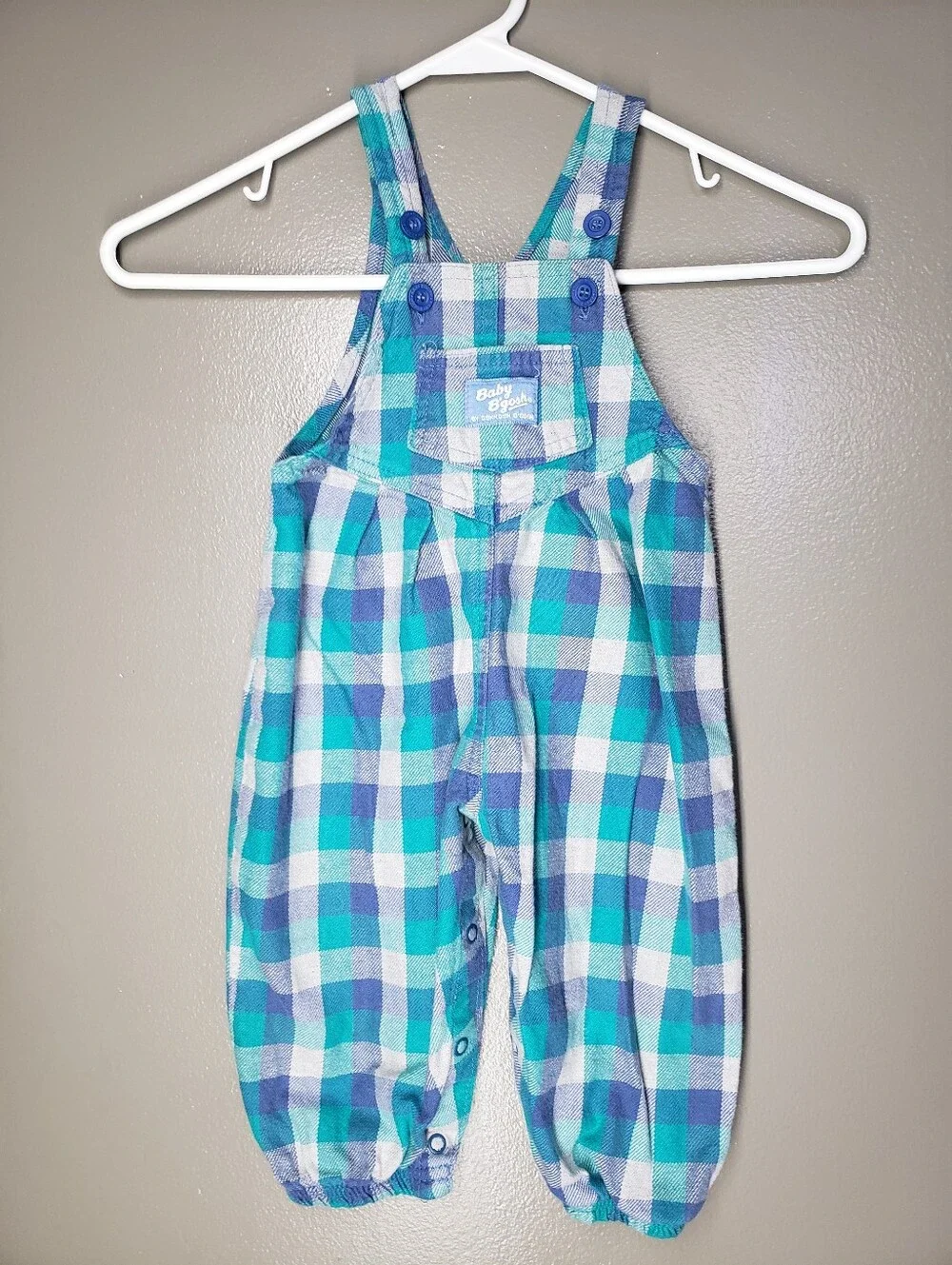 OshKosh B'gosh Toddler Vintage Overalls Blue Teal Plaid Sz 18 Months Made In USA